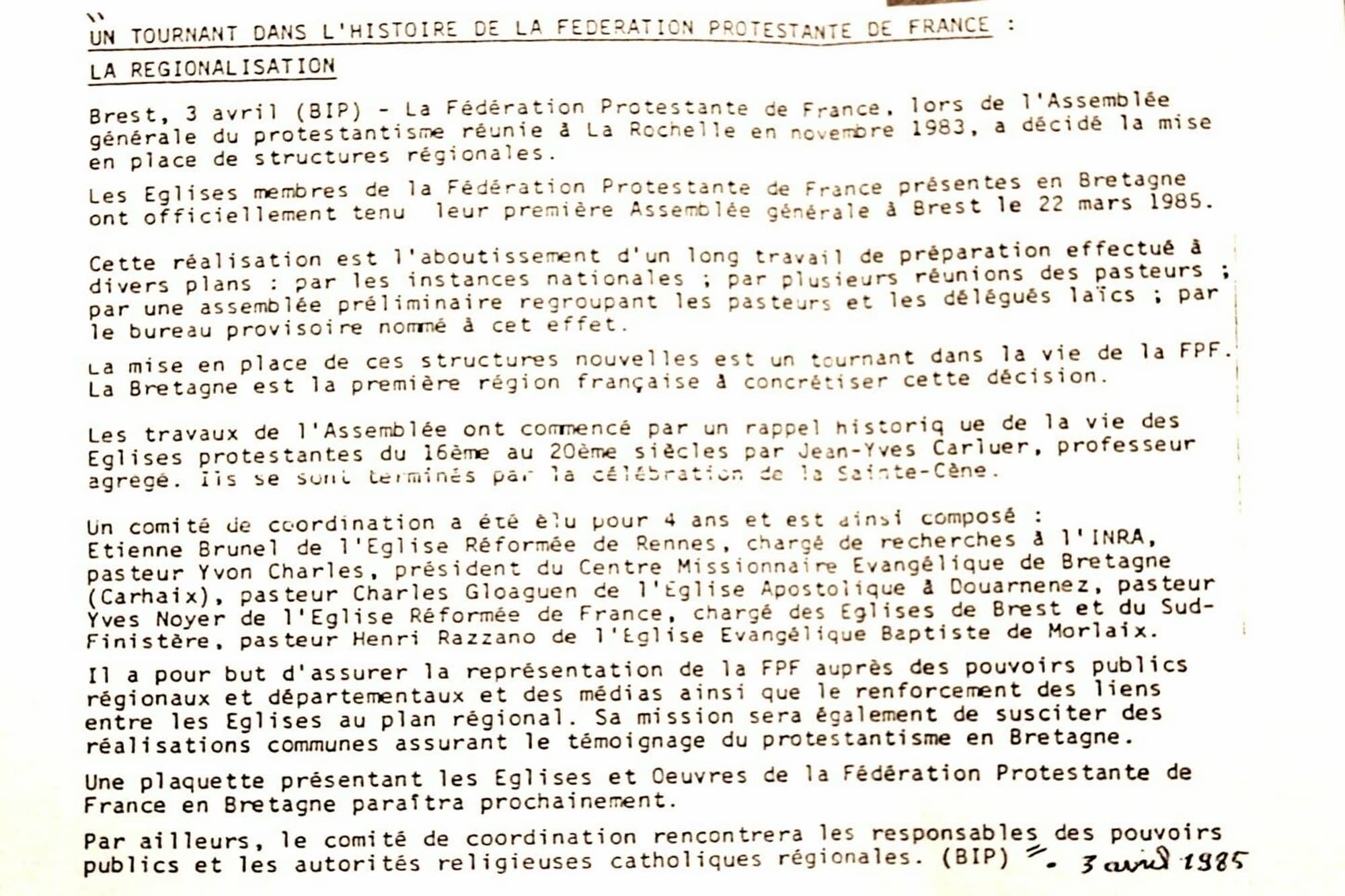 Pasteur Y. Charles et la Régionalisation de la FPF